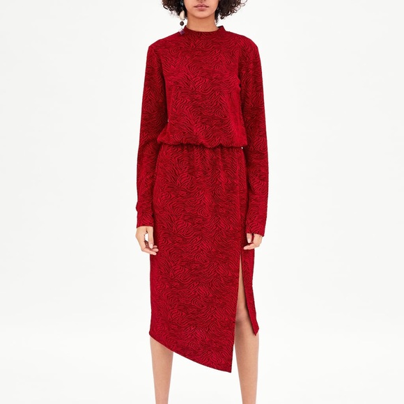 zara red jacquard dress